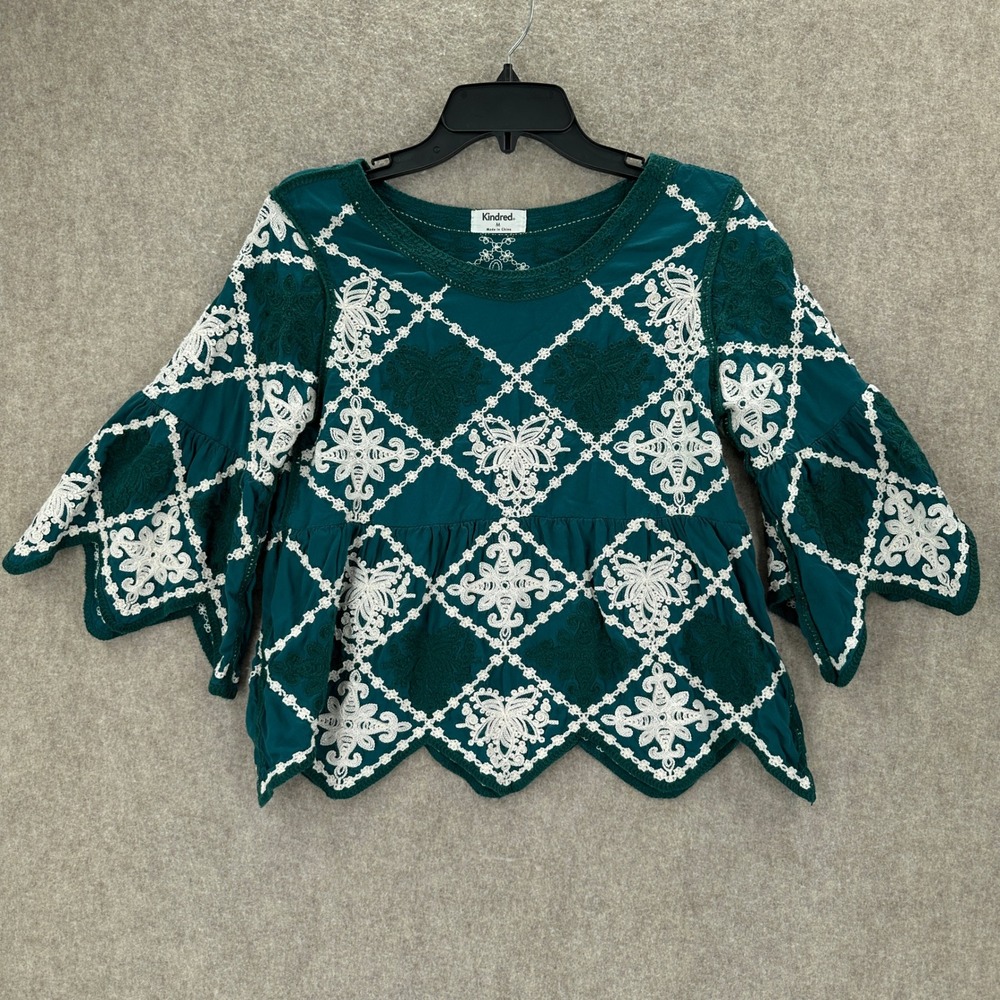 Kindred Teal Embroidered Bell Sleeve Peplum‎ Top Womens Medium Boho Cropped
